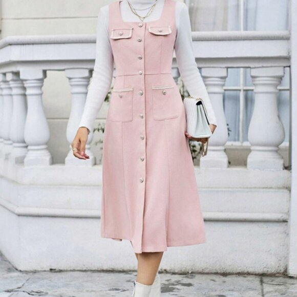 Flap Pocket Button Front Midi Dress Pink - Picture 3 of 6